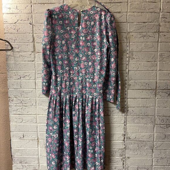 Vintage Floral 80s Jennifer Gee Pleated Long Sleeve Dress 10 - Picture 7 of 10
